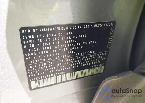 2022 Volkswagen Taos 1.5T S z USA, uszkodzony, nr VIN 3VVCX7B22NM007036